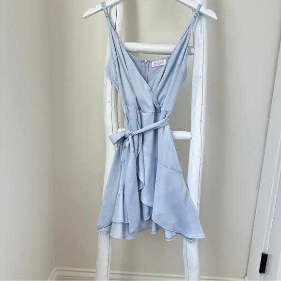 Rumor Light Blue Belted Flared Ruffle Bottom Mini Dress SZ Small - Picture 1 of 13